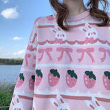 lasamu Whipped Cream and Strawberries Bunny Fairycore Cottagecore Princesscore Sweater Top