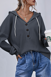 Casual Solid Draw String Buttons Hooded Collar Tops