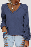 Casual Solid Lace Split Joint V Neck T-Shirts