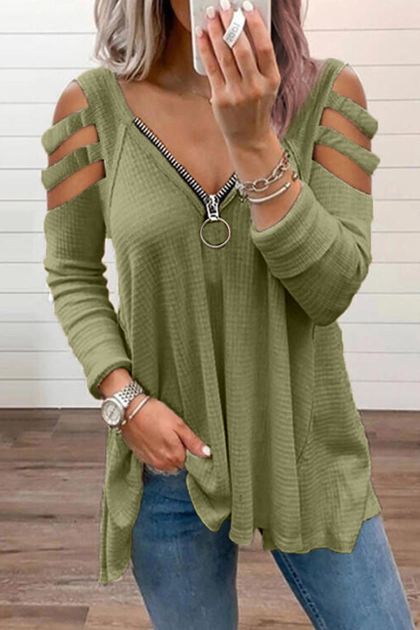 Casual Solid Hollowed Out Zipper V Neck Tops(8 Colors)