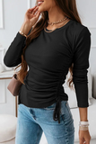 Casual Solid Draw String Slit O Neck Tops（3 colors）