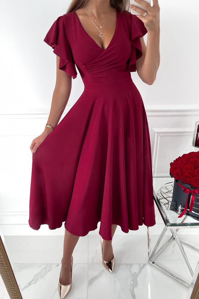 Casual Solid Flounce V Neck Cake Skirt Dresses(3 Colors)