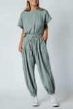 Casual Solid Patchwork O Neck Harlan Jumpsuits(4 Colors)