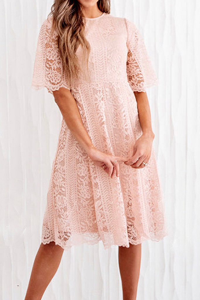 Casual Solid Lace O Neck Cake Skirt Dresses(3 colors)