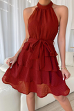 Casual Solid Patchwork Halter Cake Skirt Dresses(3 Colors)