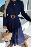 Casual Solid Lace O Neck Shirt Dress Dresses