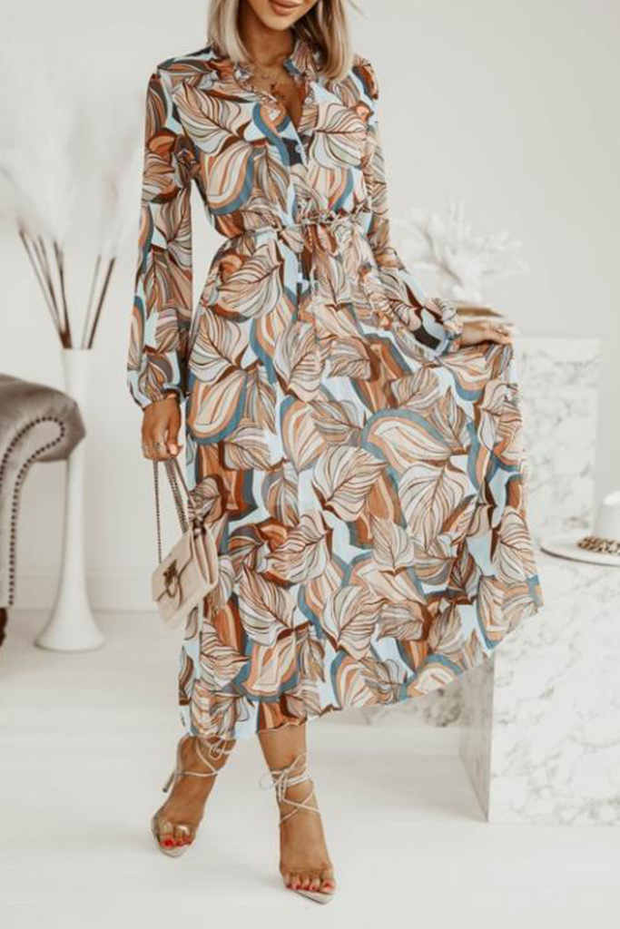 Casual Print Split Joint Turndown Collar Waist Skirt Dresses(3 colors)