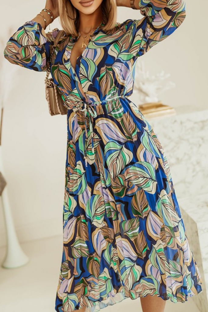 Casual Print Split Joint Turndown Collar Waist Skirt Dresses(3 colors)