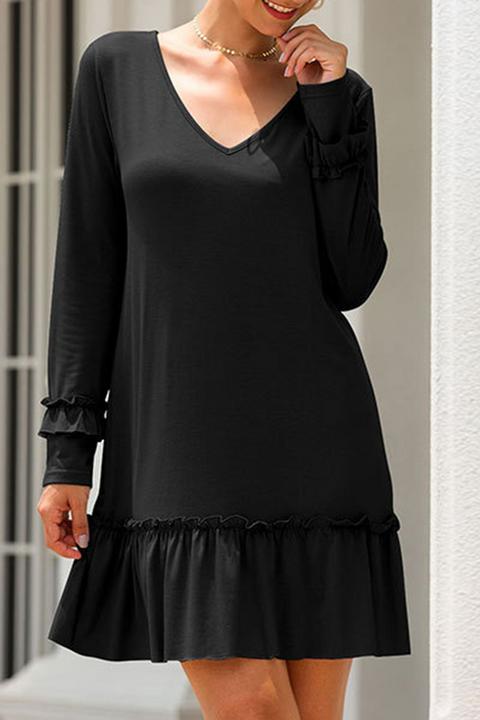 Casual Solid Flounce V Neck Straight Dresses(3 colors)