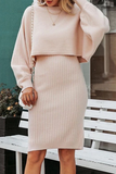 Casual Solid Patchwork O Neck Long Sleeve Two Pieces(3 colors)