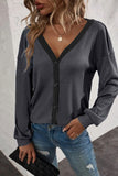 Casual Solid Patchwork Buttons V Neck T-Shirts(7 Colors)