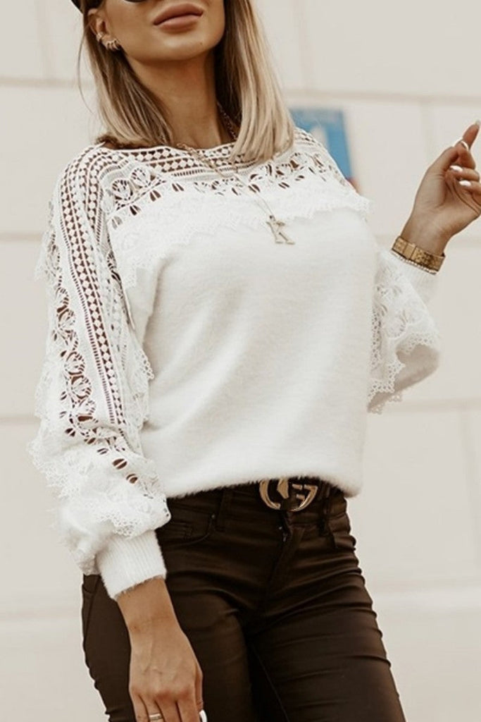 Casual Solid Hollowed Out Patchwork See-through O Neck Tops