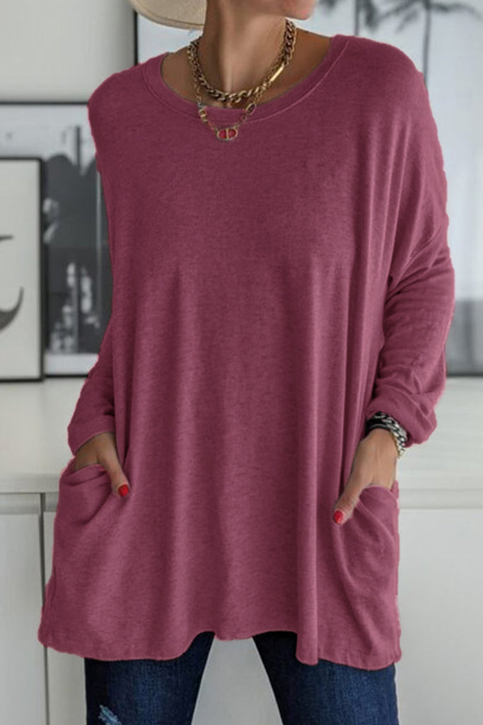 Casual Solid Patchwork Pocket O Neck Tops