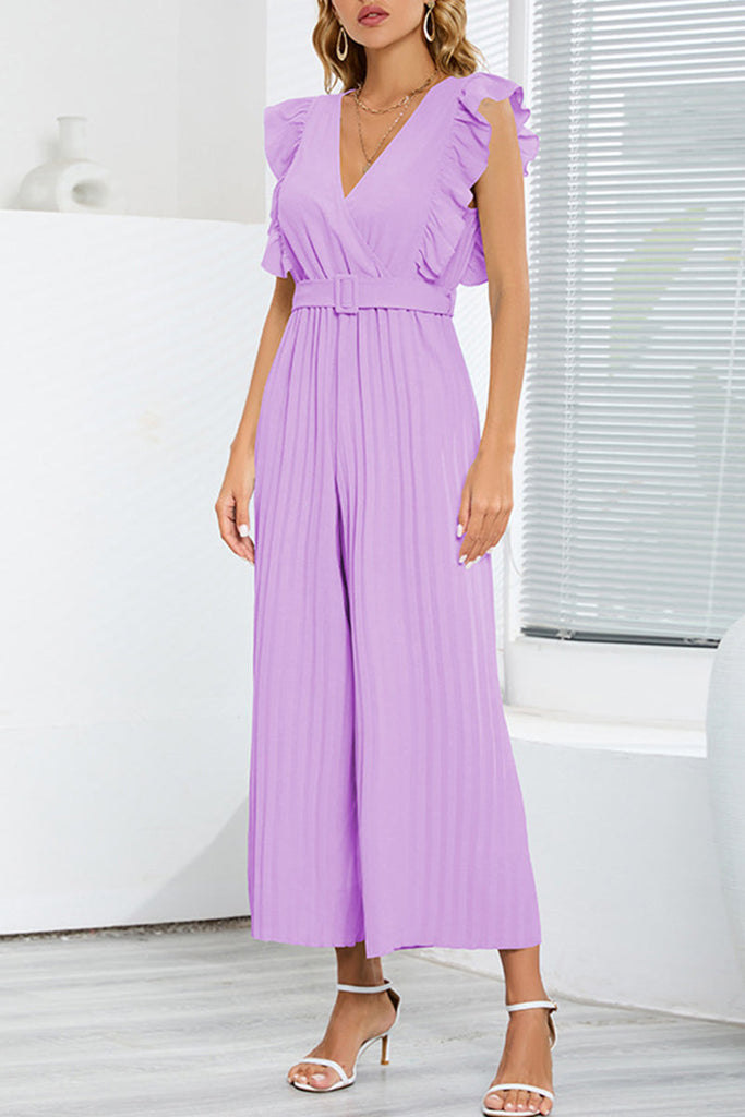 Casual Simplicity Solid With Belt V Neck Regular Jumpsuits