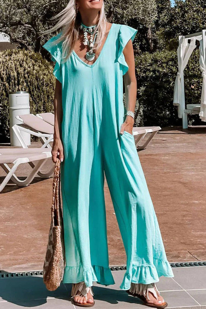 Casual Solid Flounce V Neck Loose Jumpsuits(3 Colors)