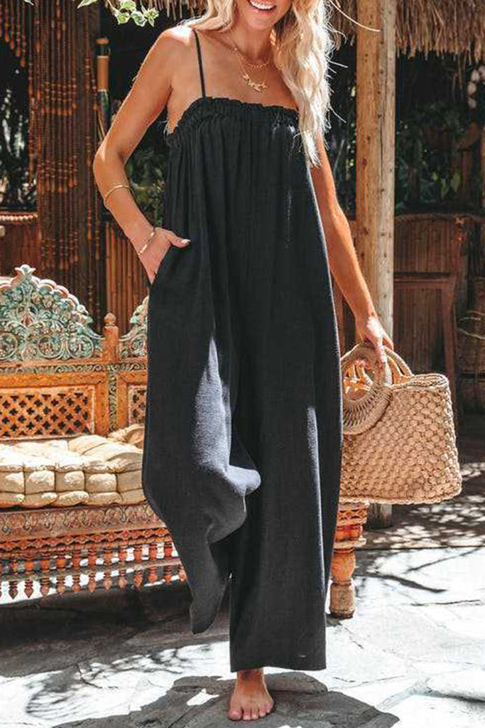 Casual Solid Flounce Strapless Loose Jumpsuits
