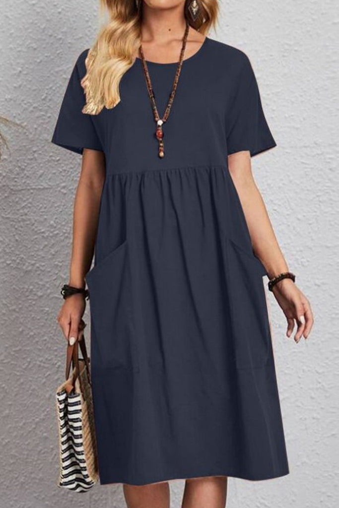 Casual Simplicity Solid Pocket O Neck Short Sleeve Dress Dresses(4 Colors)