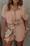 Casual Simplicity Solid Pocket Turndown Collar Short Sleeve Two Pieces