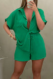 Casual Simplicity Solid Pocket Turndown Collar Short Sleeve Two Pieces