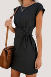 Casual Solid Frenulum O Neck Irregular Dress Short Sleeve Dress(6 Colors)