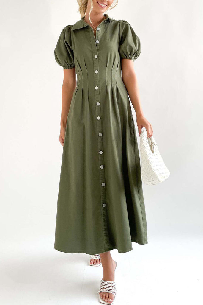 Casual Solid Buckle Turndown Collar A Line Dresses