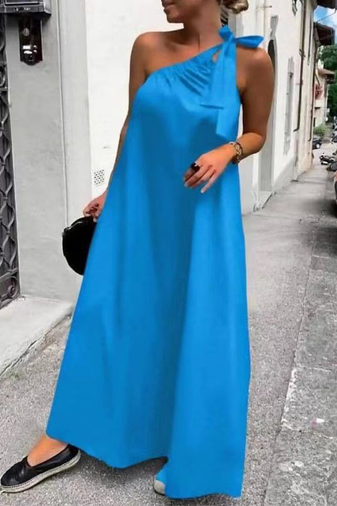 Casual Solid Frenulum Oblique Collar Sleeveless Dress Dresses(4 Colors)