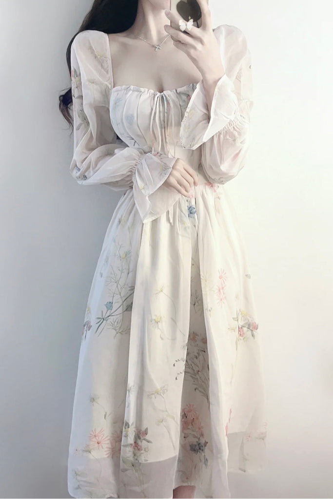 Lasamu Long Sleeve French Style Elegant Floral Dress