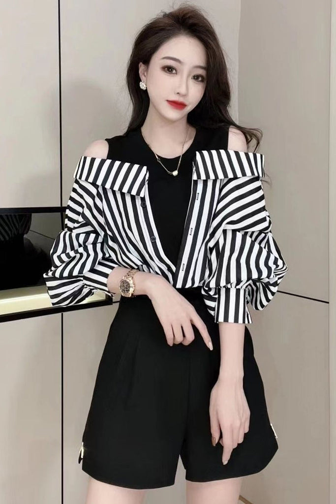 Lasamu Fake Two Elegant Striped Blouse Shirts