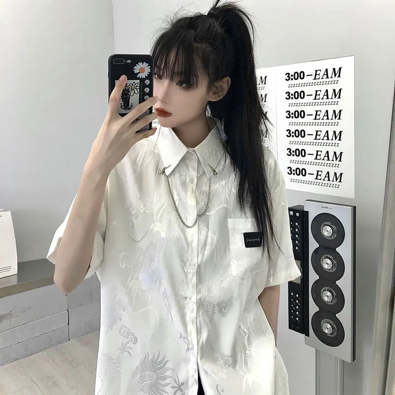 Lasamu Short Sleeve Chinese Dragon Pattern Blouse Shirts