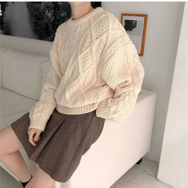 Lasamu O-Neck Retro Knitted Beige Colors Sweater