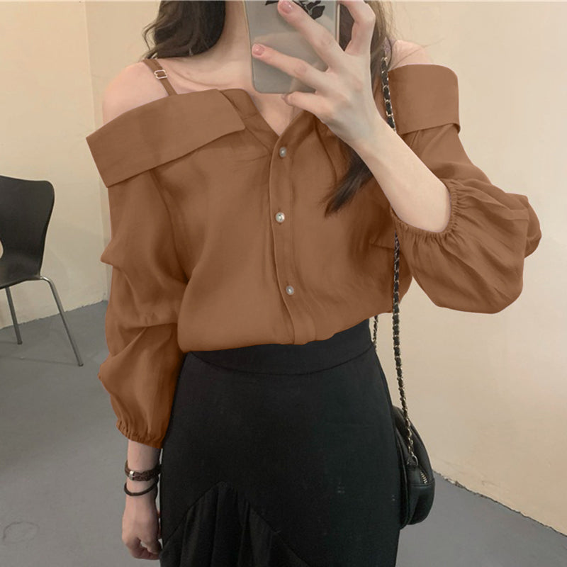 Lasamu Long Sleeve Sexy Off Shoulder With Straps Blouse Shirt