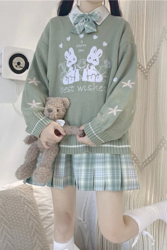 Lasamu Cute Rabbit Pattern Green Knitted Sweater
