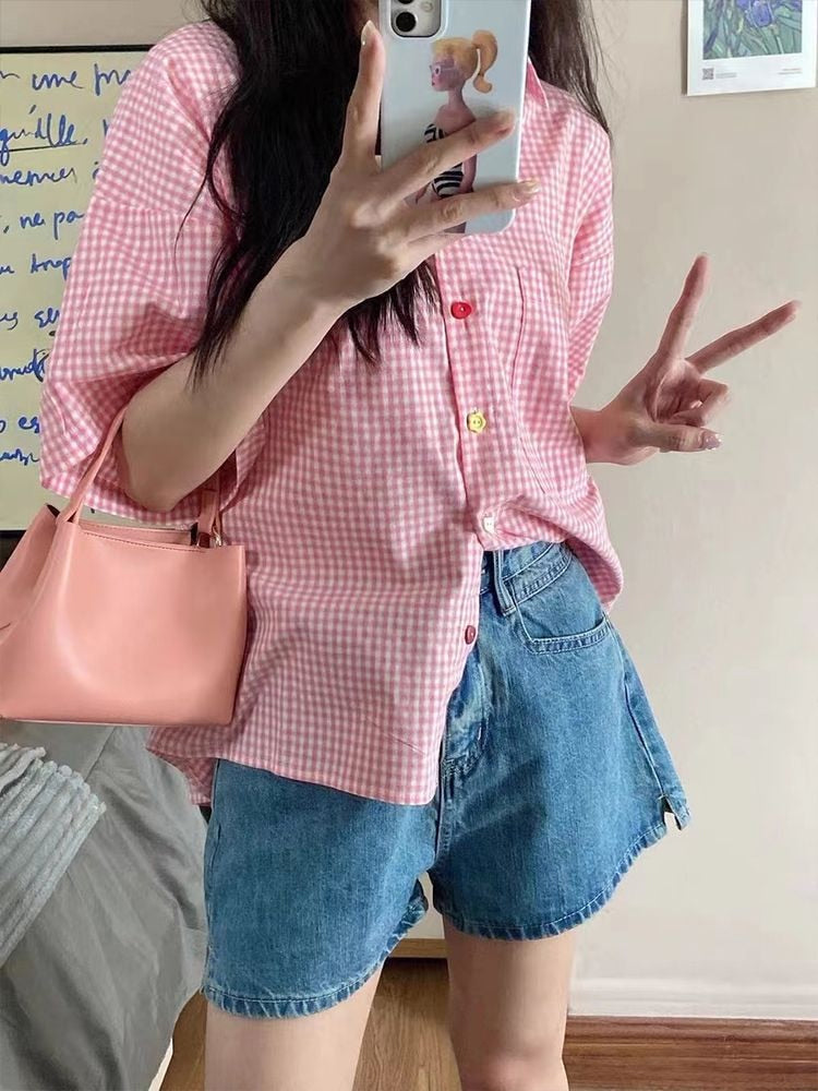 Lasamu Pink Plaid Cute Button Colors Blouse Shirt