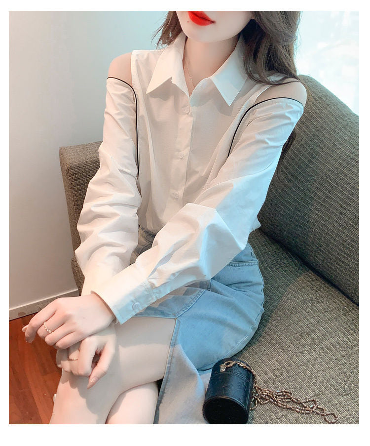 Lasamu Long Sleeve Elegant Cut Shoulder Office Blouse Shirt