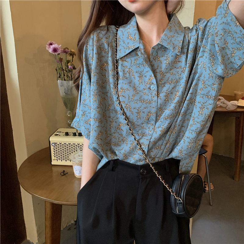 Lasamu Short Sleeve Floral Pattern Blouse Shirt