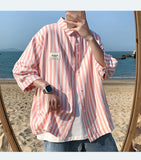 Lasamu Pink Striped Half Sleeve Men Blouse Shirt