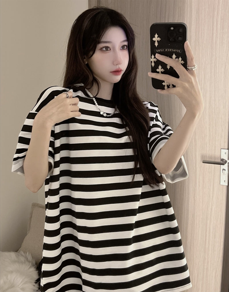 Lasamu Loose Retro Black White Striped Shirt