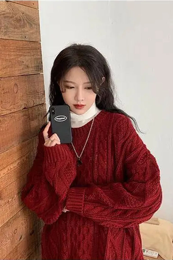 Lasamu O-Neck Retro Knitted Red Colors Sweater