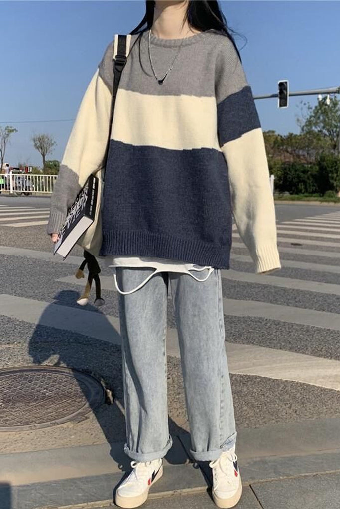 Lasamu Long Sleeve O-Neck Big Striped Casual Sweater