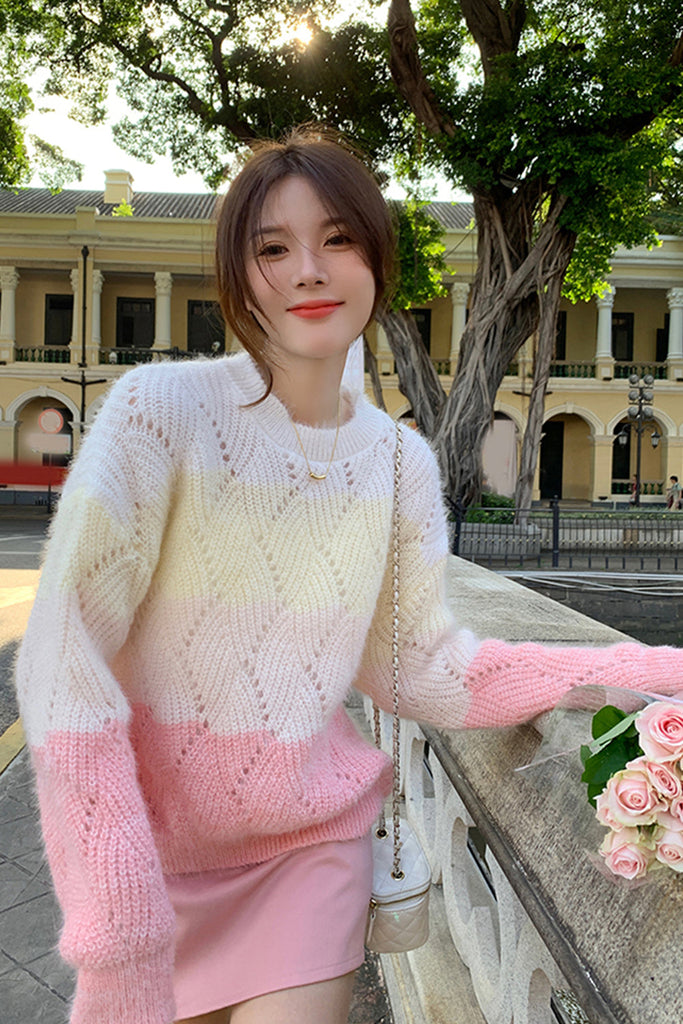 Lasamu Long Sleeve Sweet Colors Hollow Out Sweater