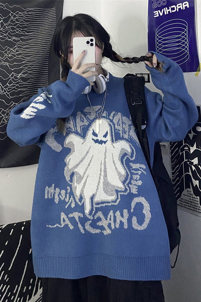 Lasamu Loose Retro Ghost Printed Sweater