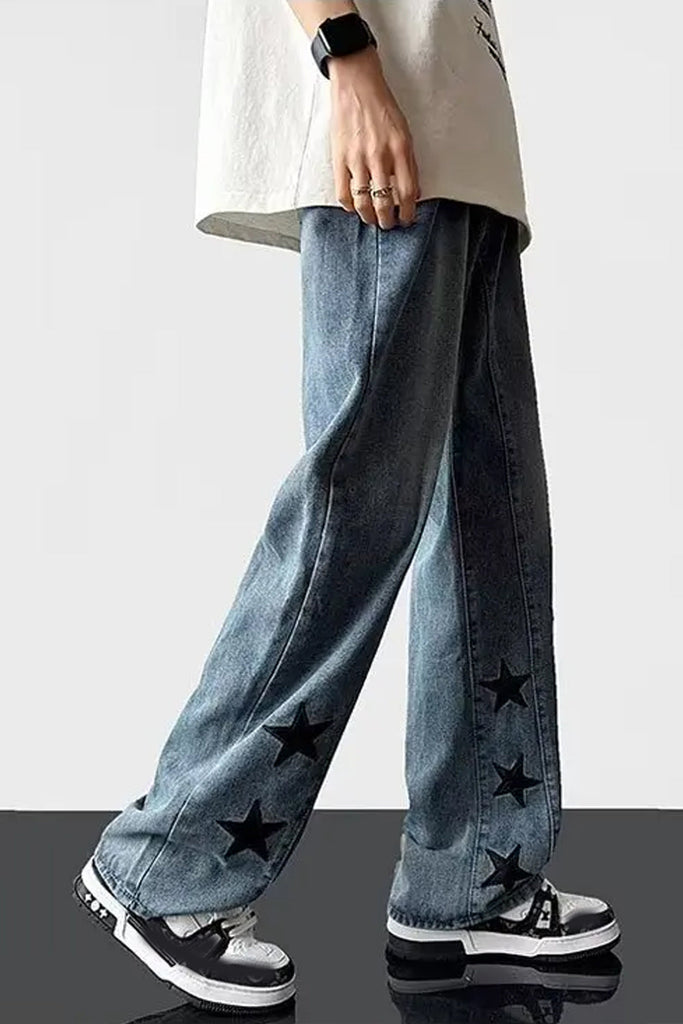 Lasamu Loose Black Stars Printed Hip Hop Jeans Pants