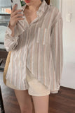 Lasamu Long Sleeve Turn Down Collar Simple Striped Blouse Shirt