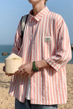 Lasamu Pink Striped Half Sleeve Men Blouse Shirt