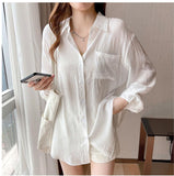 Lasamu Long Sleeve Simple Semi Transparent Office Blouse Shirt