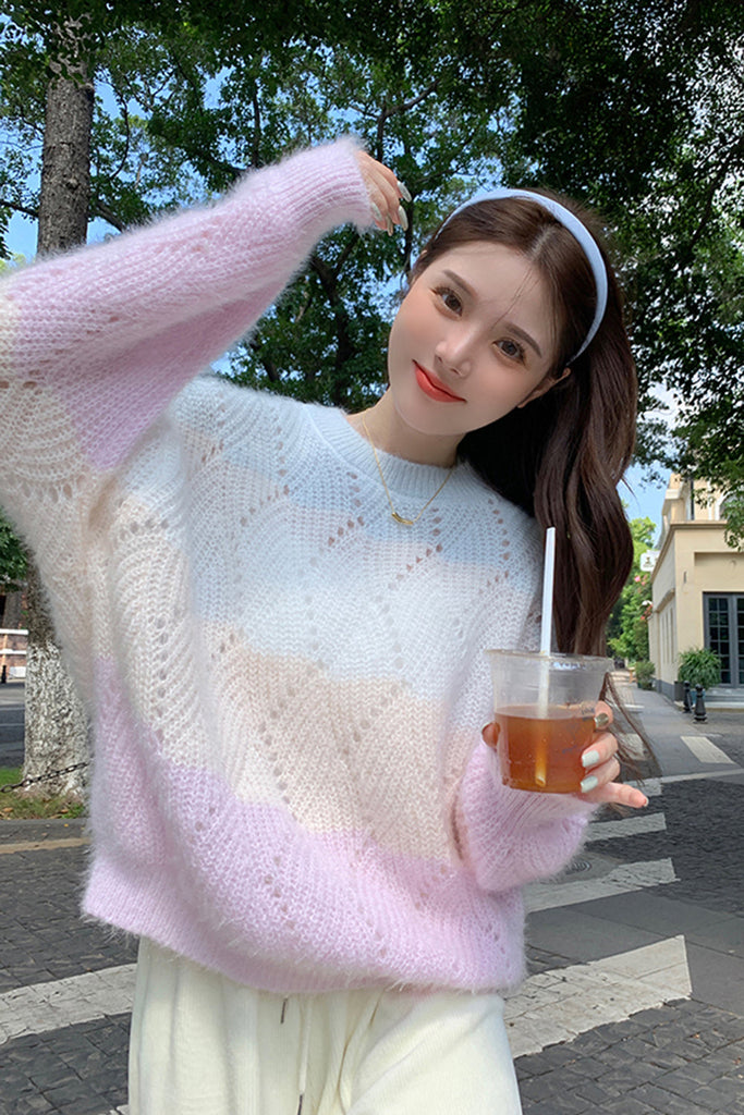 Lasamu Long Sleeve Sweet Colors Hollow Out Sweater