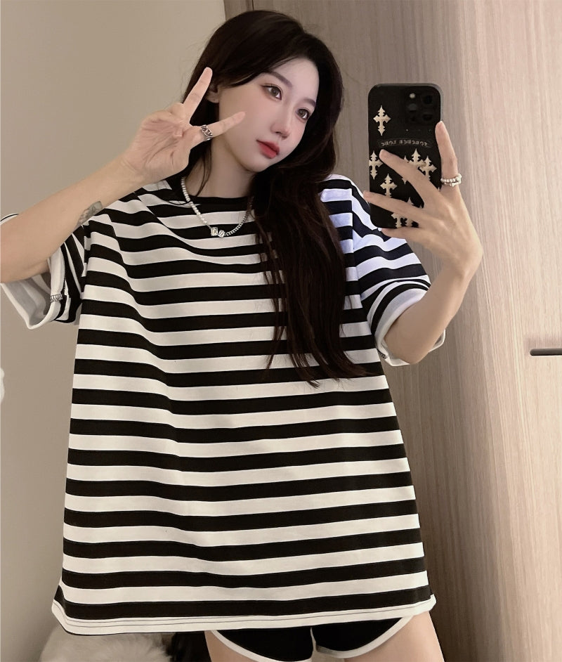 Lasamu Loose Retro Black White Striped Shirt