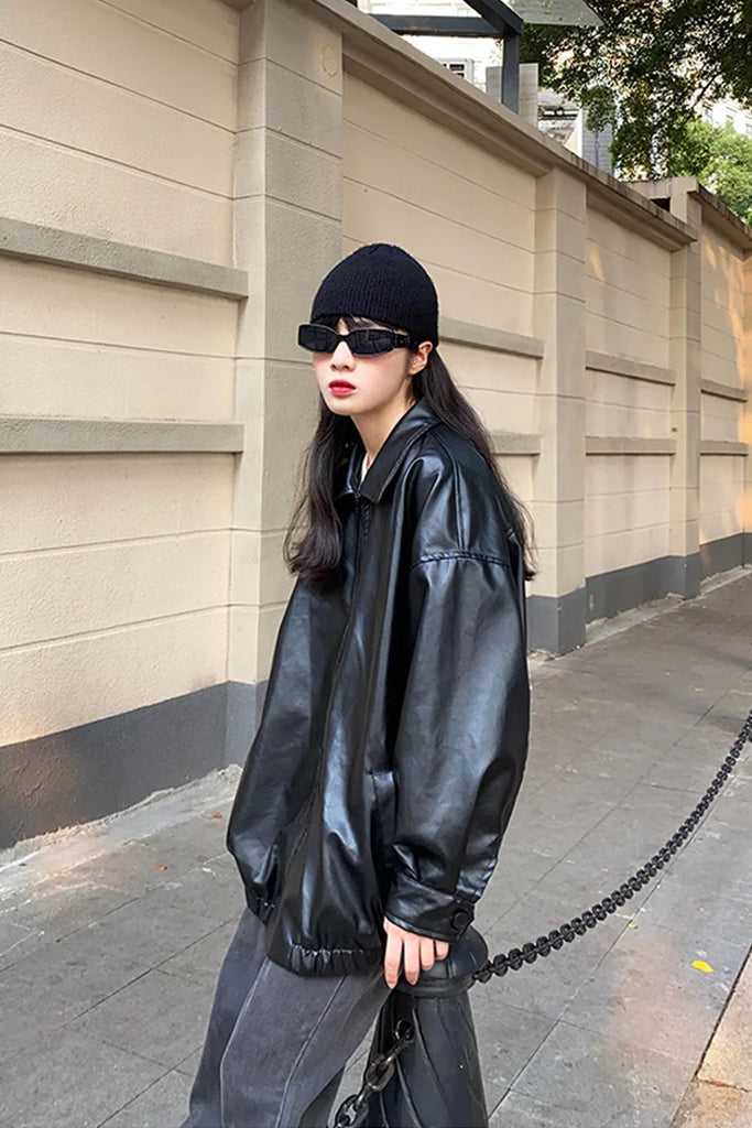 Lasamu Long Sleeve Zipper Black Leather Women Jacket
