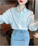 Lasamu Long Sleeve Elegant Cut Shoulder Office Blouse Shirt