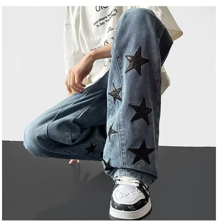 Lasamu Loose Black Stars Printed Hip Hop Jeans Pants